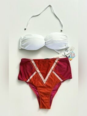 Cia Marítima Bikini set - White Bandeau top & Red-Pink High Waist bottom